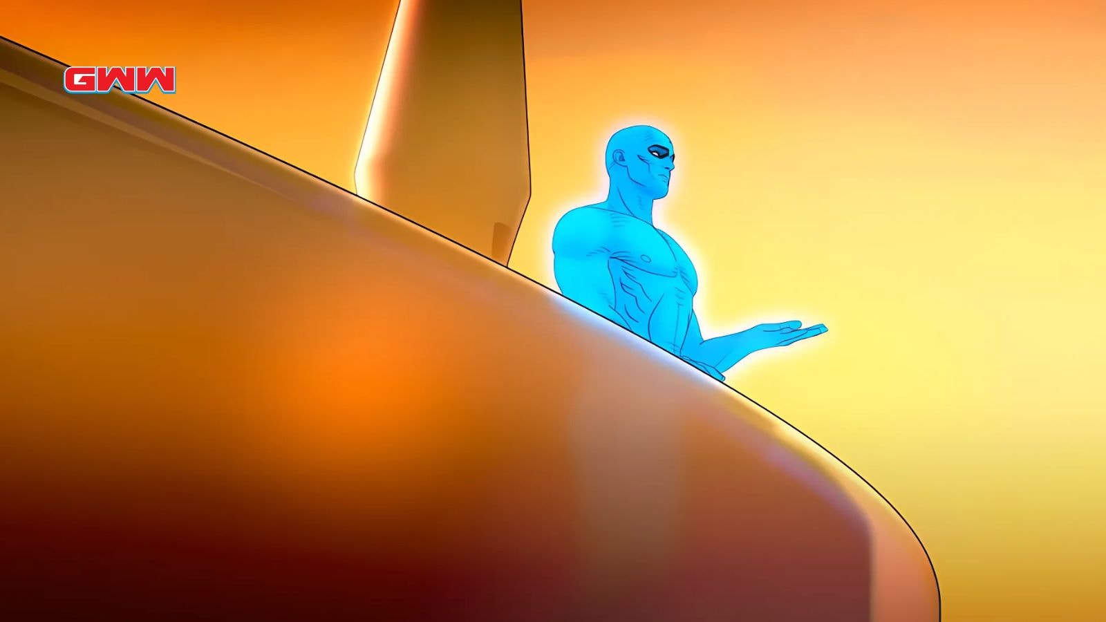 Dr. Manhattan glowing blue, iconic character from Watchmen Chapter 2