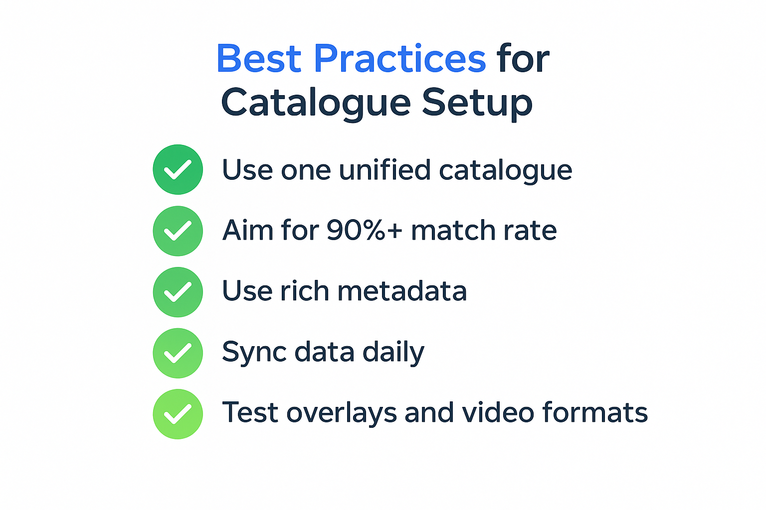 Checklist graphic showing five best practices for catalogue setup including unified catalogue, 90%+ match rate, rich metadata, syncing, and testing