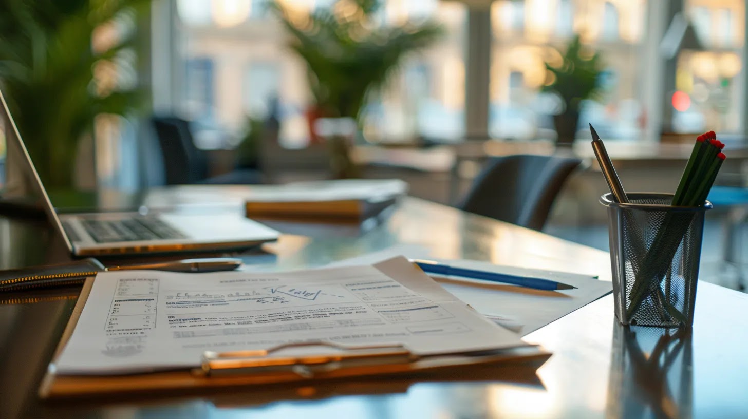 a professional-looking modern office setting showcases a focused tenant reviewing lease agreements on a sleek desk, surrounded by cleaning supplies and documentation, embodying the importance of understanding legal obligations during move-out cleaning.