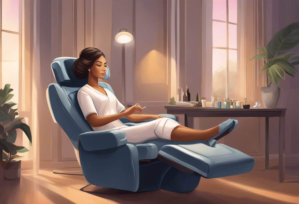 A woman reclines in a plush chair as a technician carefully applies volume lash extensions, creating a dramatic and full look. Soft lighting and soothing music add to the relaxing atmosphere