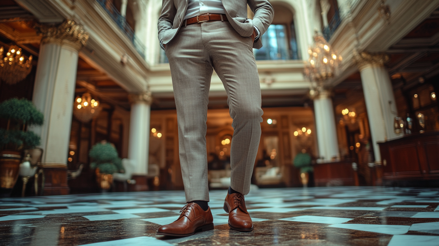 A full-body shot of man wearing grey suits with brown shoes standing confidently in a grandball party.