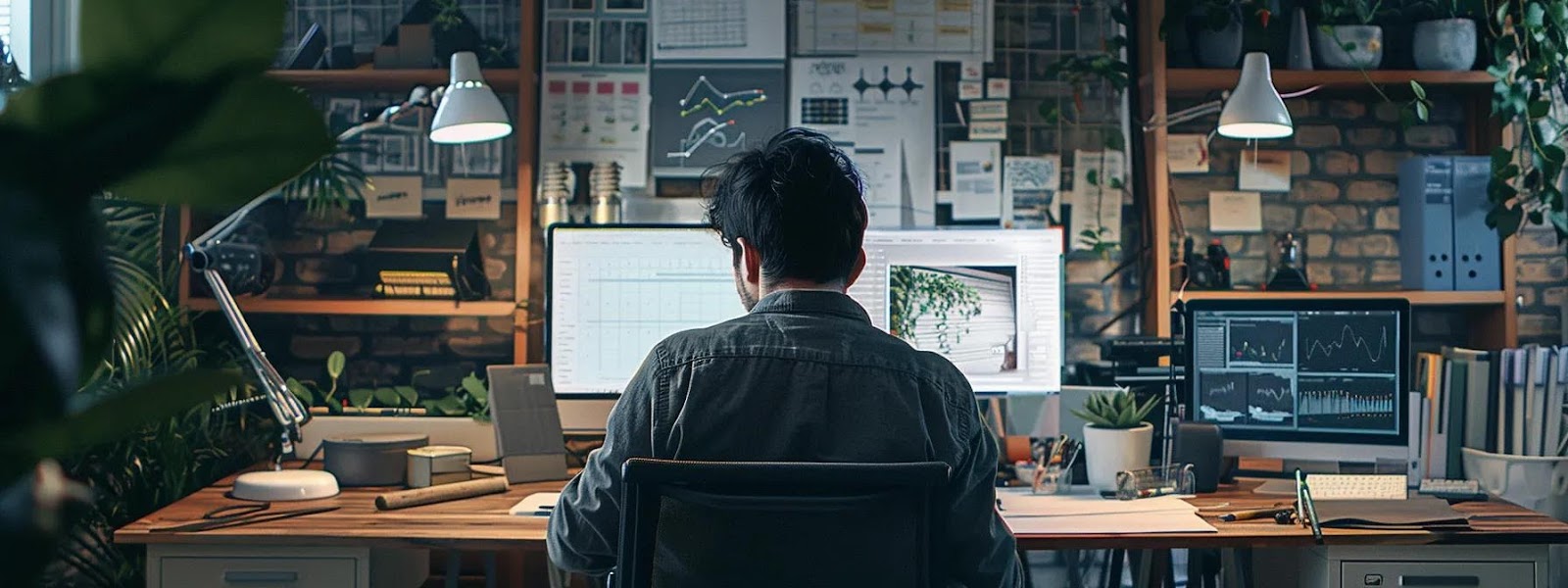 Person working at a desk with multiple monitors displaying graphs and data, surrounded by plants and office supplies, in a cozy workspace reflecting a modern, organized environment.