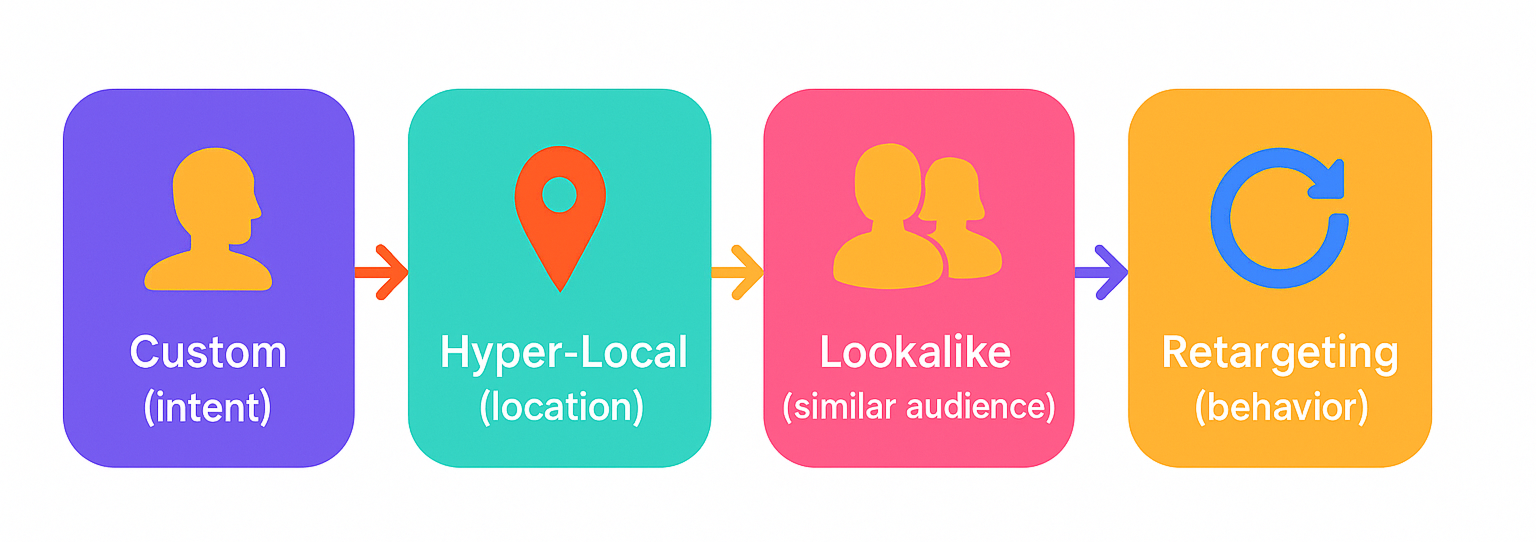 A flowchart showing Facebook Ad Audience Strategy: Custom (Intent) → Hyper-Local (Location) → Lookalike (Similar audience) → Retargeting (Behavior)