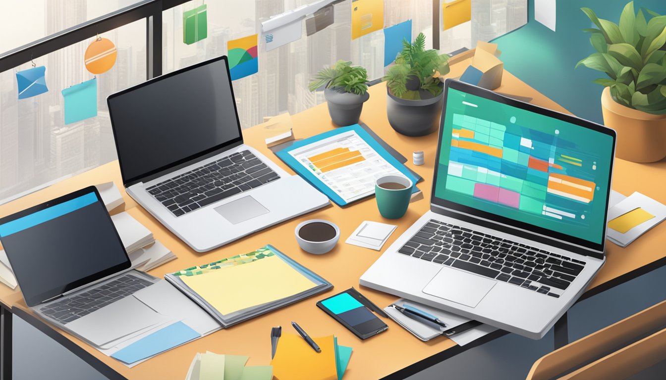 A table covered with a checklist, laptop, and various product samples. A banner with the Amazon logo hangs in the background