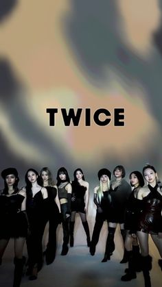 This contains an image of TWICE group standing next to each other in front of a black and white background