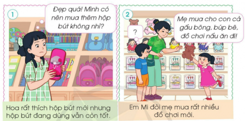 TUẦN 19MUA SẮM TIẾT KIỆM2. Xử lí tình huốngQuan sát tranh và thảo luận các tình huống sau:Đóng vai xử lí tình huống.Chia sẻ điều em học được sau khi đóng vai xử lí tình huống.Giải nhanh:Tình huống 1: Không mua thêm hộp bút mới và để tiết kiệm tiền dùng vào việc khác.Tình huống 2: Không nên đòi mẹ mua nhiều như vậy=> Học cách chi tiêu hợp lí với tình hình kinh tế của gia đìnhTHU NHẬP VÀ CHI TIÊU TRONG GIA ĐÌNH