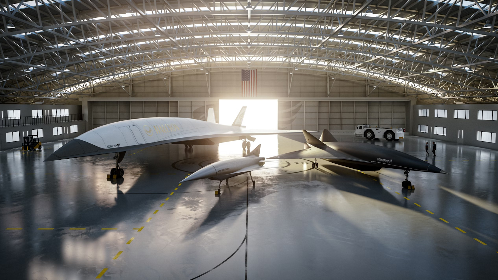 Image of a pre-engineered corporate aircraft hangar parked inside. The hangar is spacious and well-lit with natural sunlight streaming through the open doors. A forklift is seen on the left, and a tow vehicle is visible in the background. The American flag is displayed above the hangar doors.