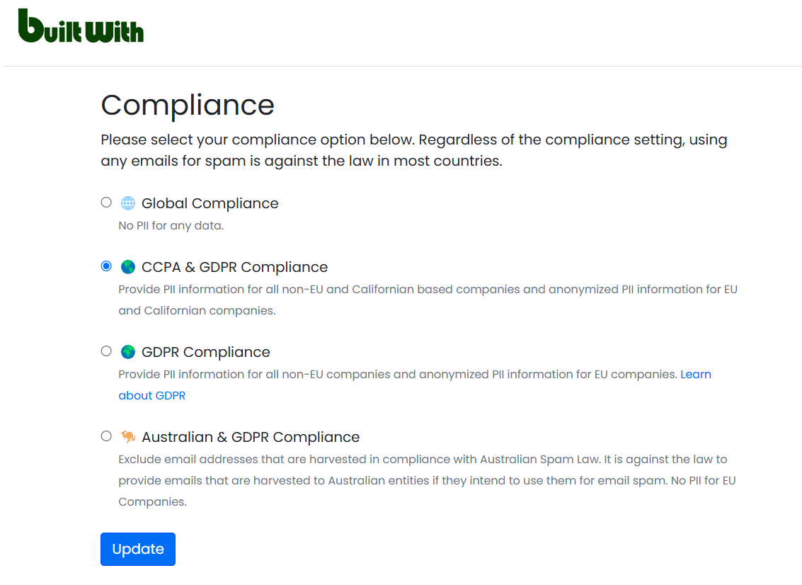 Compliance selection for BuiltWith