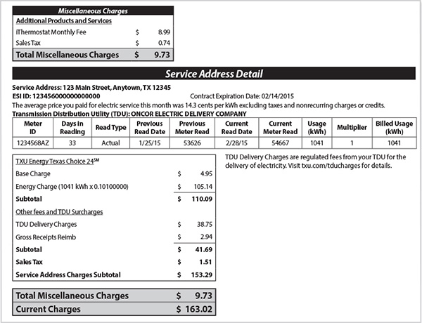 Sample bill from TXU Energy