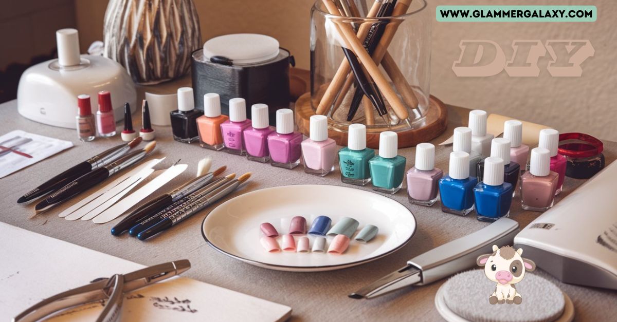 Assorted nail polishes, brushes, and tools for DIY cow print nail art tutorial.