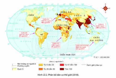 BÀI 22: DÂN SỐ VÀ PHÂN BỐ DÂN CƯI. Quy mô dân số thế giớiCâu 1: Dựa vào thông tin trong bài và hình 22.1, em hãy cho biết:- Quy mô dân số thế giới năm 2018- Xu hướng thay đổi quy mô dân số thế giới trong thời kì 1804-2023Giải nhanh:- Quy mô dân số thế giới năm 2018 có xu hướng tăng. - Quy mô thế giới trong thời kì 1804-2023 có xu hướng tăng qua các năm. II. Phân bố dân cưCâu 2: Dựa vào hình 22.2 và thông tin trong bài, em hãy:- Xác định trên bản đồ những khu vực đông dân ( mật độ dân số trên 100 người/km2) và những khu vực thưa dân( mật độ dân số dưới 5 người/km2)- Cho biết vì sao dân cư trên thế giới phân bố không đều?Giải nhanh:Những khu vực đông dân (MĐDS trên 100 người/km2):Những khu vực thưa dân(MĐDS dưới 5 người/km2):tập trung ở những nơi có nguồn nước dồi dào, khí hậu giao thông thuận lợi (khu vực đông Nam Á)ở những nơi khô hạn, khí hậu khắc nghiệt, địa hình núi cao, sản xuất không thuận lợi (châu Phi, châu Đại Dương, những vùng lạnh giá gần cực,...)- Dân cư trên thế giới phân bố không đều phụ thuộc nhiều vào yếu tố như: vị trí địa lí, điều kiện tự nhiên (địa hình, đất, khí hậu, nguồn nước), sự phát triển kinh tế, trình độ của con người và lịch sử định cư. Trong khi đó, ở mỗi khu vực địa lí sẽ có những điều kiện khác nhau do đó, dân cư trên thế giới phân bố không đồng đều. III. Một số thành phố đông dân nhất thế giớiCâu 3: Dựa vào thông tin trong bài và hình 22.3, em hãy:- Xác định trên bản đồ tên 10 thành phố đông dân nhất thế giới năm 2018- Cho viết châu lục nào có nhiều thành phố đông dân nhất thế giới sau năm 2018Giải nhanh:-  10 thành phố đông dân nhất thế giới năm 2018: Me-hi-co-Xi-ti, Xao Pao-ô, Cai-rô, Niu Đe-li, Bắc kinh, Thượng Hải, To-ki-o, Ô-xa-ca, Đao-ca, Mum-bai- Châu Á có nhiều thành phố đông dân nhất thế giới sau năm 2018I. Luyện tậpCâu 1: Vẽ sơ đồ thể hiện các nguyên nhân tác động đến sự phân bố dân cư Giải nhanh:Câu 2: Dựa vào hình 22.2, xác định châu lục đông dân, châu lục ít dân nhấtGiải nhanh: Dựa vào hình 22.2:Châu lục đông dânChâu lục ít dân nhấtchâu Á, châu Âuchâu Phi, châu Đại Dương, châu Nam CựcII. Vận dụng