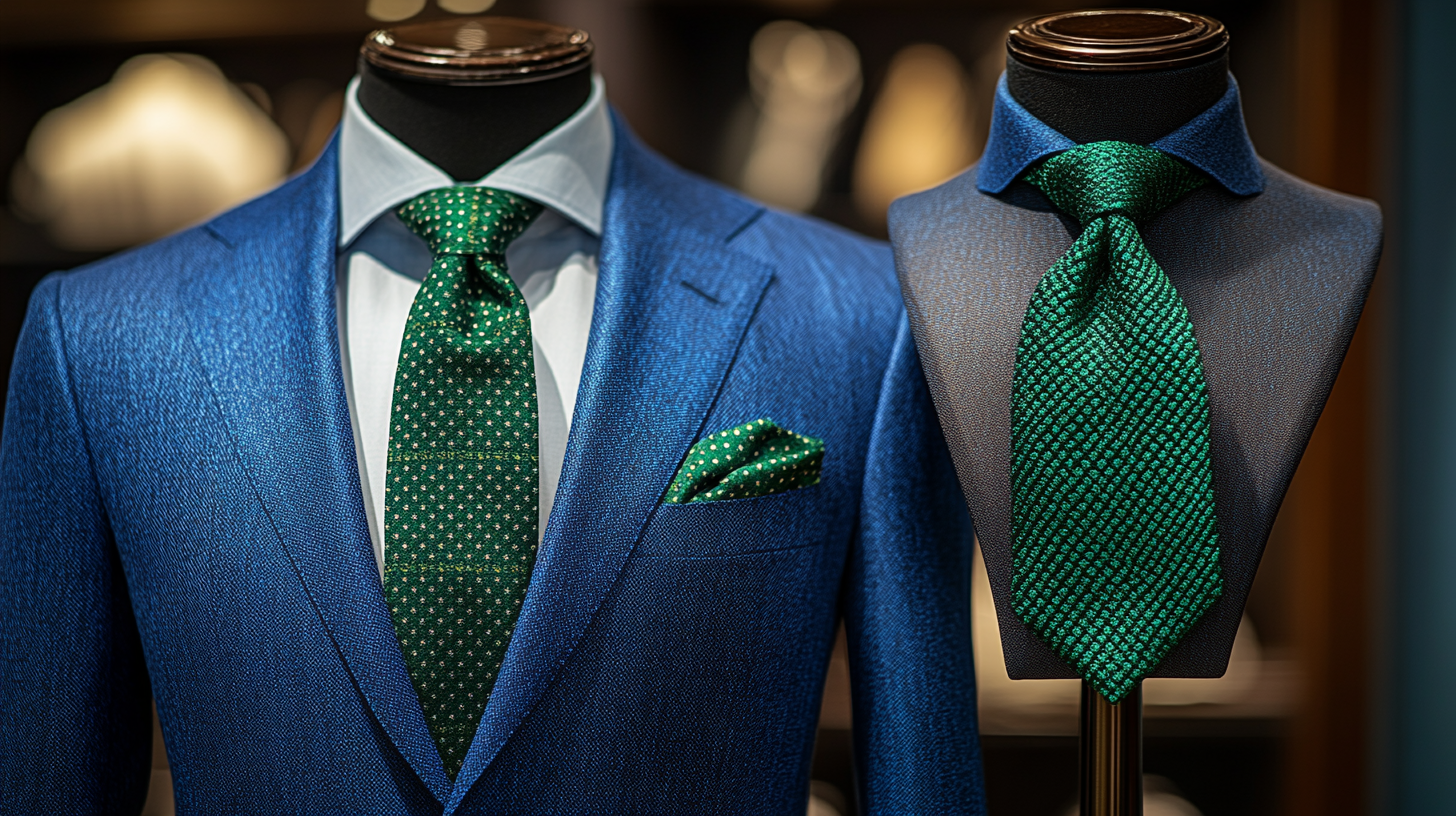 On the left side a mannequin, dressed in a royal blue suit with a green tie. On the right side, a mannequin bust displaying only the green tie. The background is minimalistic and elegant, with soft lighting emphasizing the fabric details and luxurious appeal.