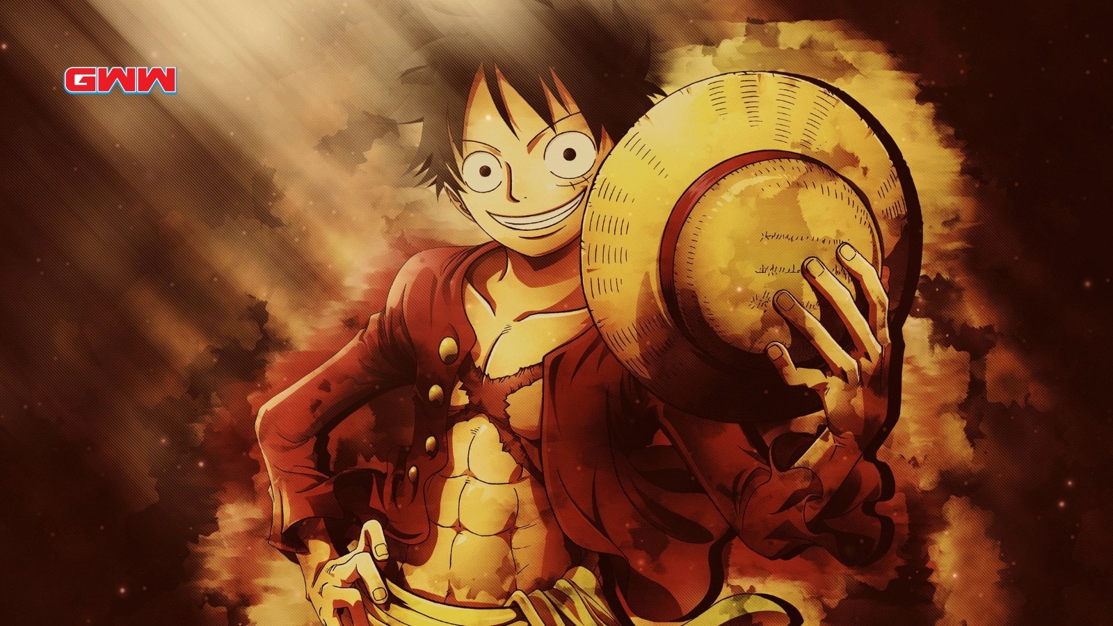 Strawhat Luffy character in red coat smiling and holding straw hat