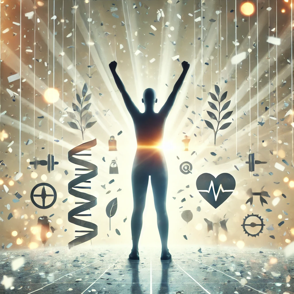 A person standing tall with arms raised in triumph, radiating confidence and pride. The background is filled with soft confetti and light rays, symbolizing success and self-empowerment. Subtle symbols of health and achievement, such as fitness icons and a heart, float around the person. The scene is bright and uplifting, representing personal growth and the celebration of one's weight loss journey.