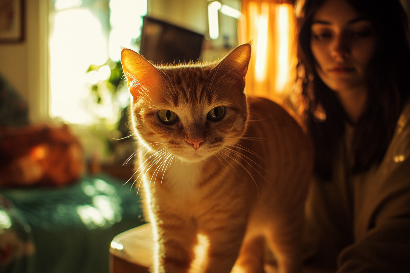 Ginger cat with woman in the background | Source: Midjourney