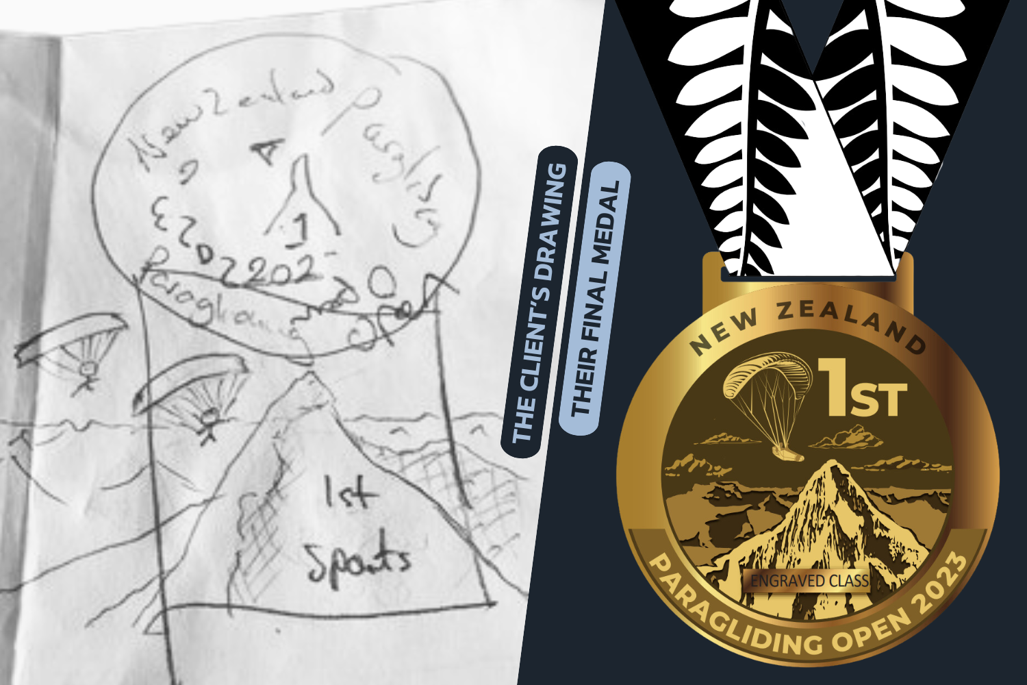 Comparison between a client's medal drawing and a professional medal design.