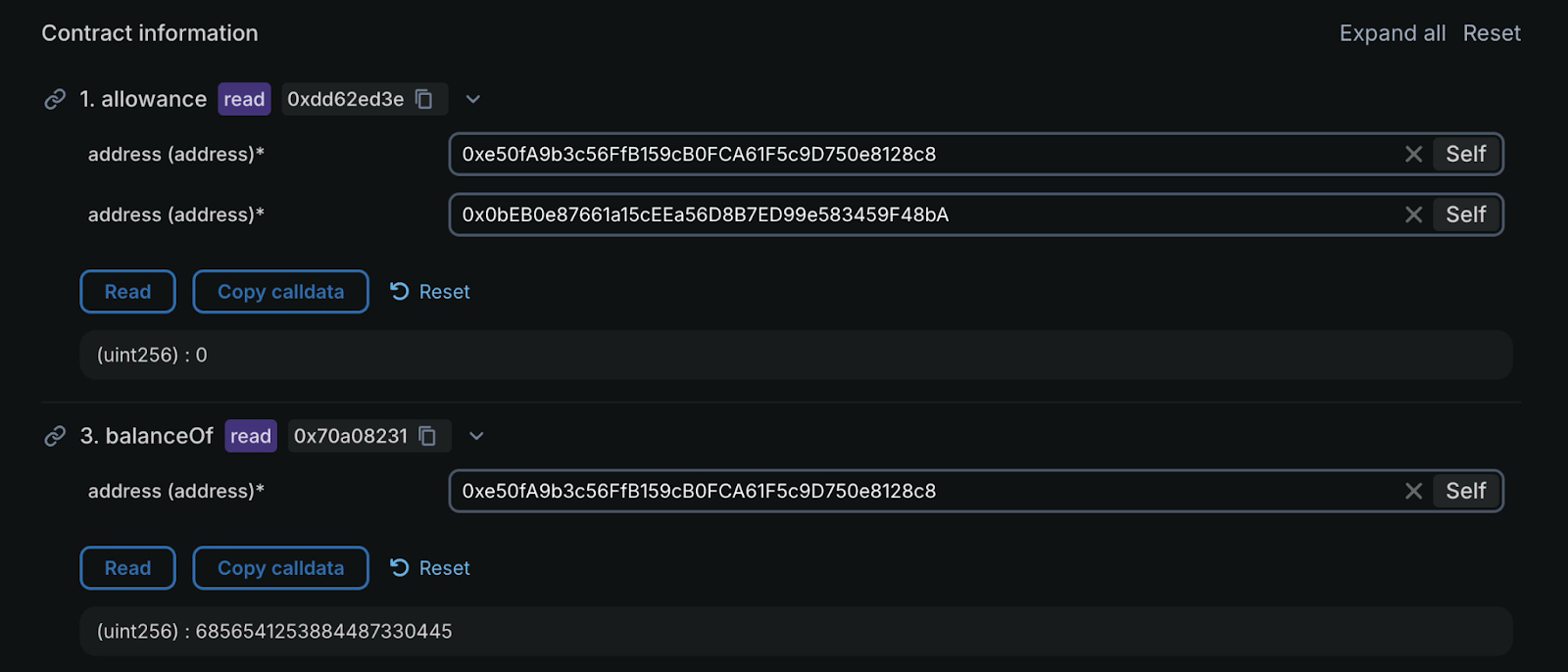 Smart contract function interface showing allowance and balanceOf methods with Ethereum address inputs, Read and Copy calldata buttons, returning uint256 values 0 and 685654125388448733045 for ERC-20 token contract