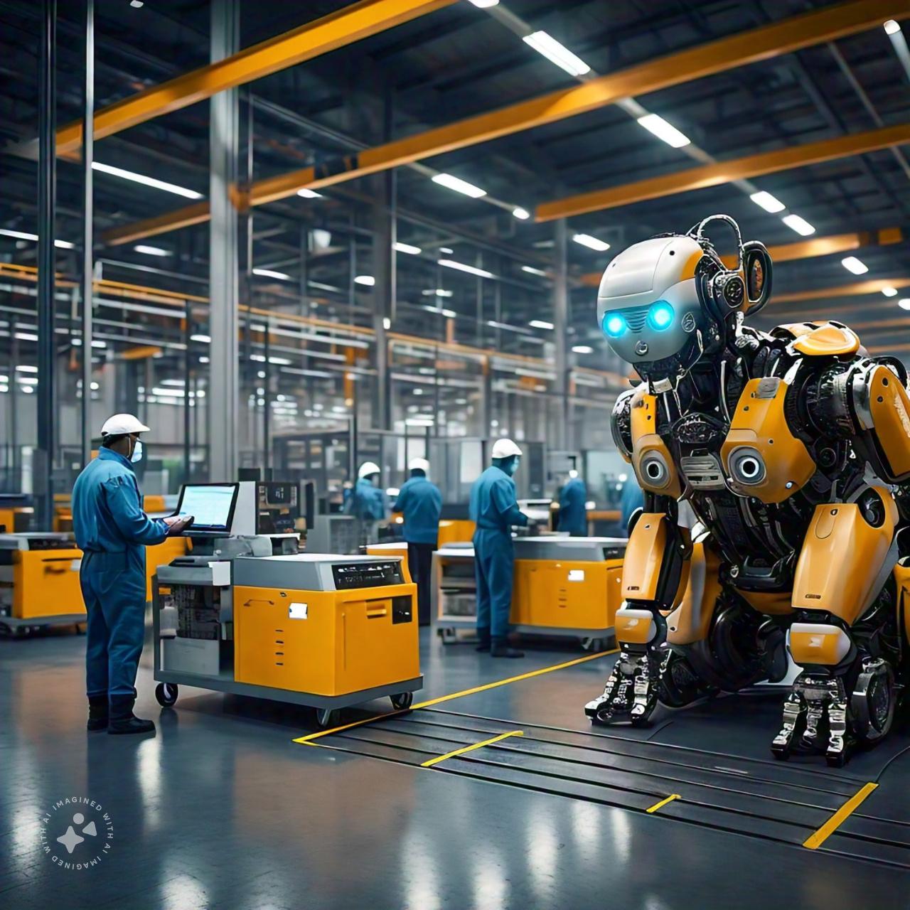 A robot in a factory<br />
<br />
Description automatically generated