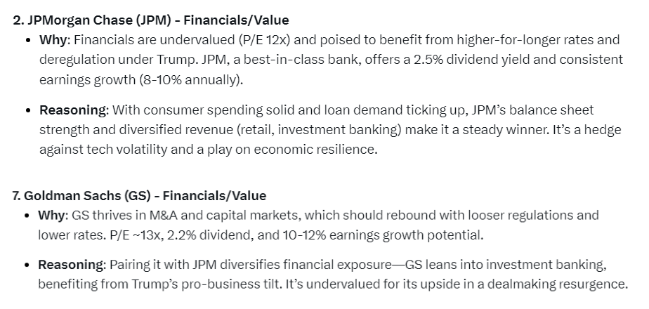 Grok 3 stock pricks: JPM and GS shares