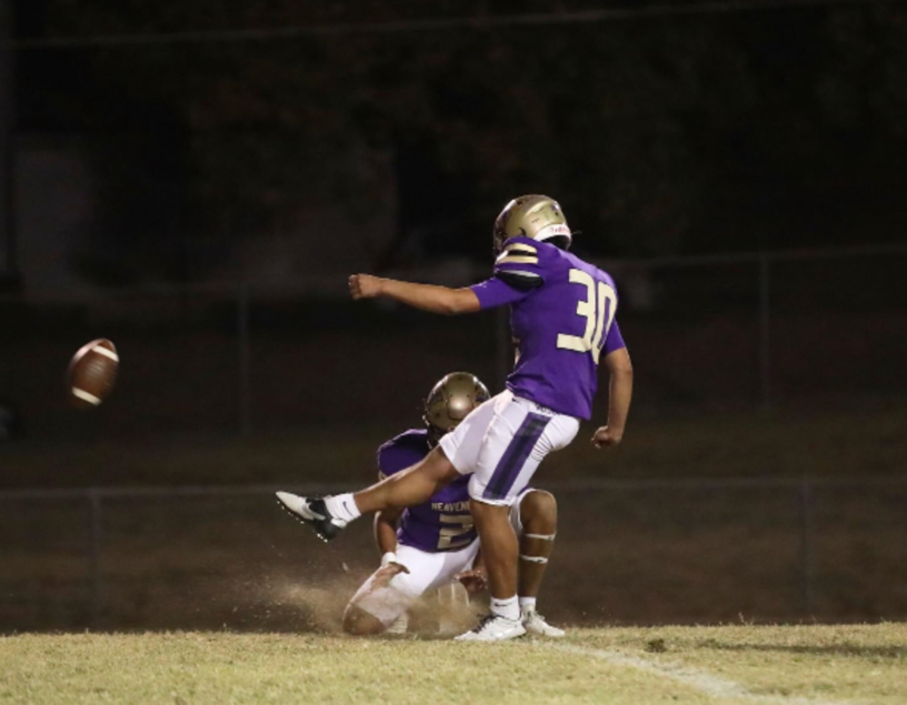 A football player in a purple uniform kicking a football

Description automatically generated