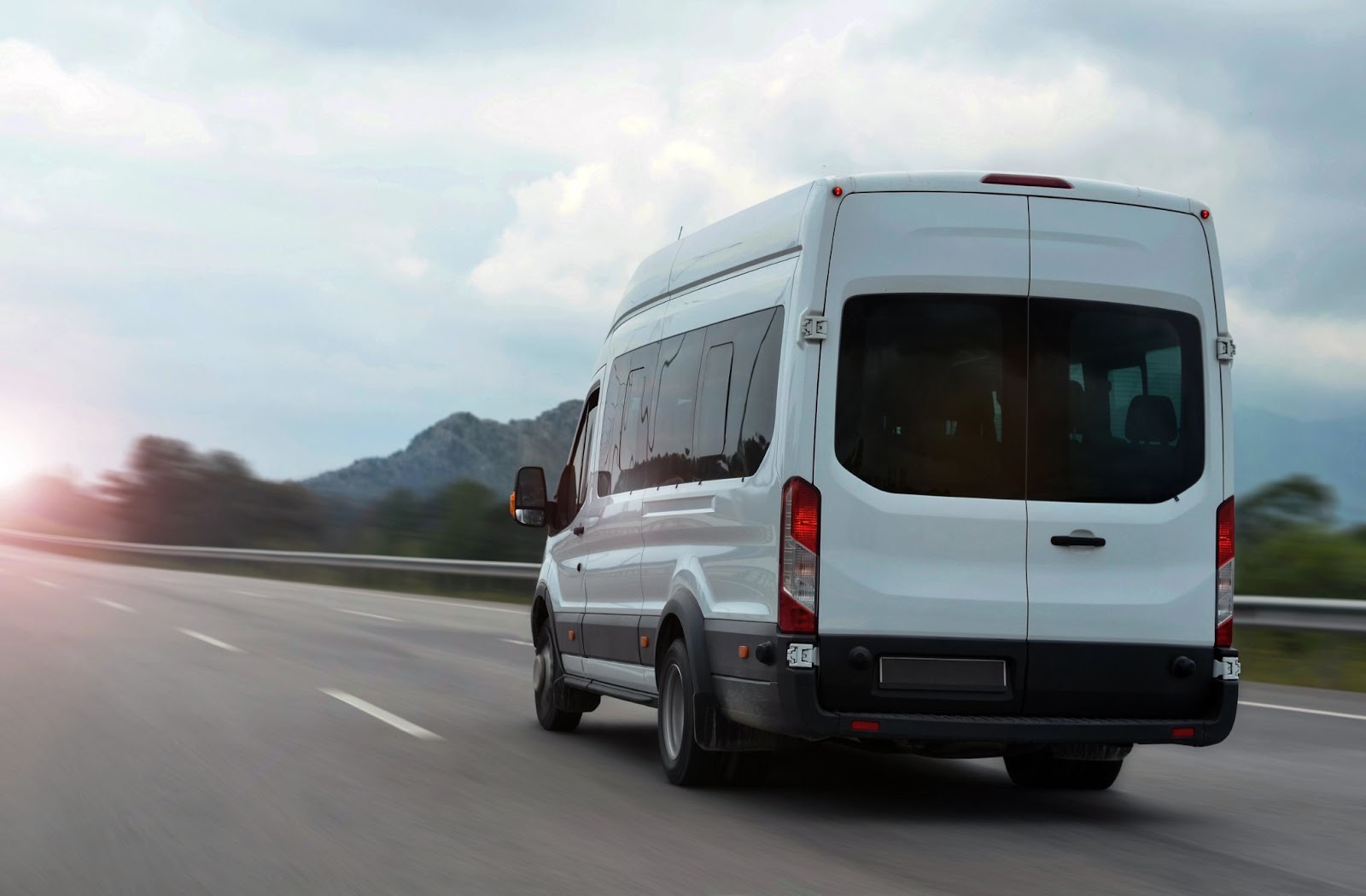 Rear view of a modern campervan on the motorway