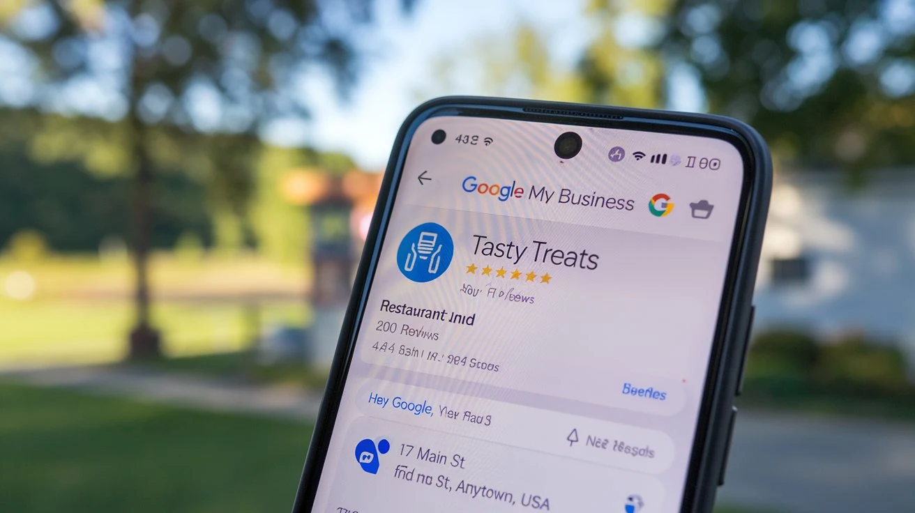 A smartphone showing a Google My Business profile with business details and ratings, emphasizing its role in local voice search queries.