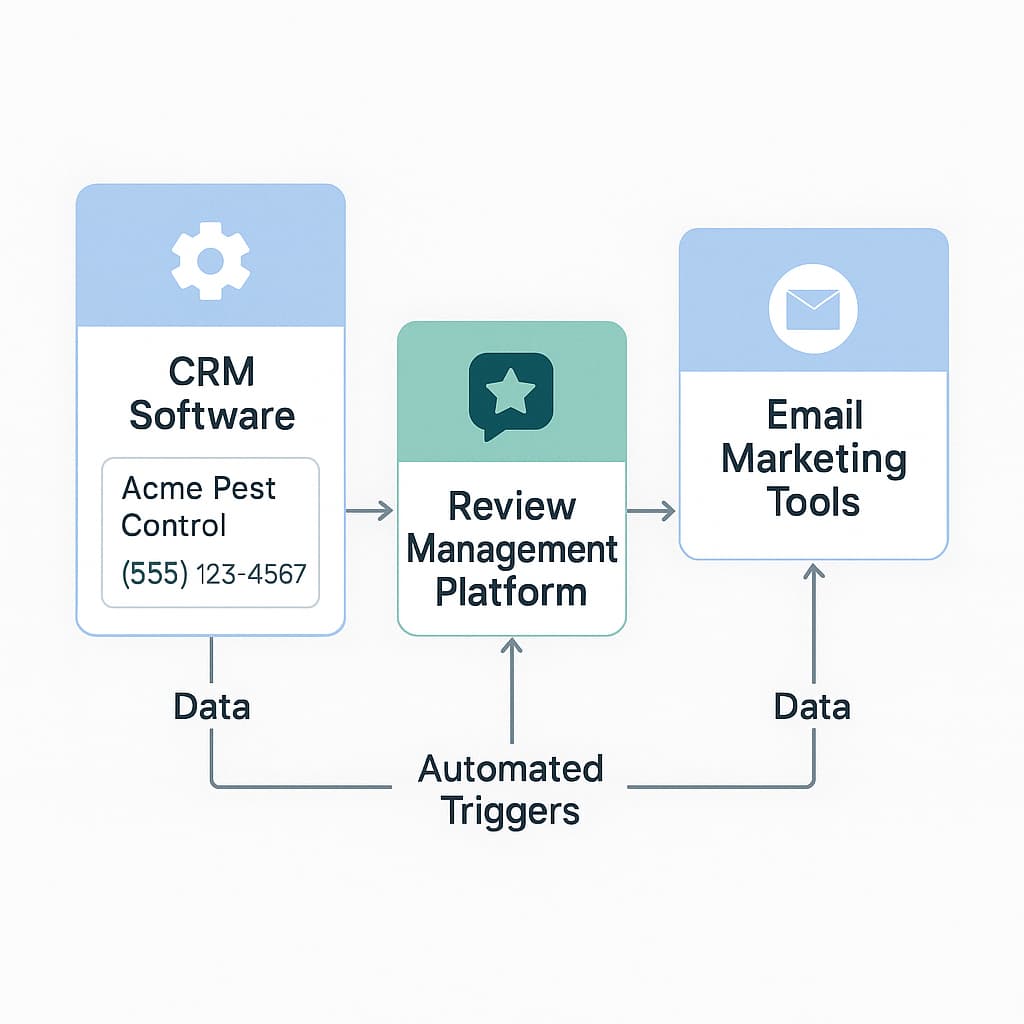 Integrated technology stack for pest control companies showing how CRM, review management, and email marketing tools work together for lead generation.