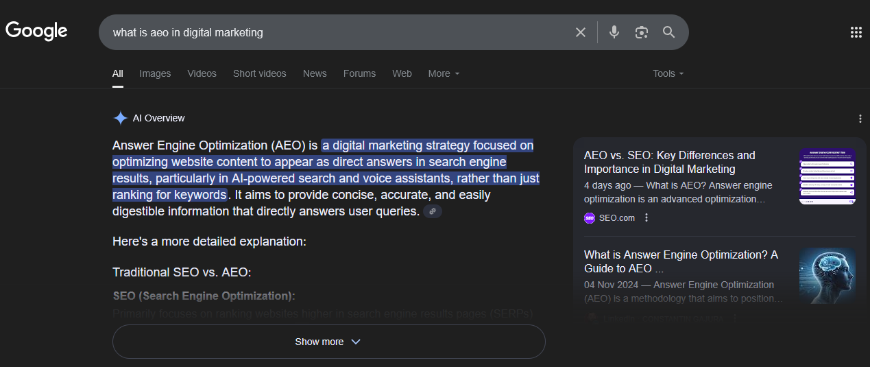 Example of AEO AI overview from Google