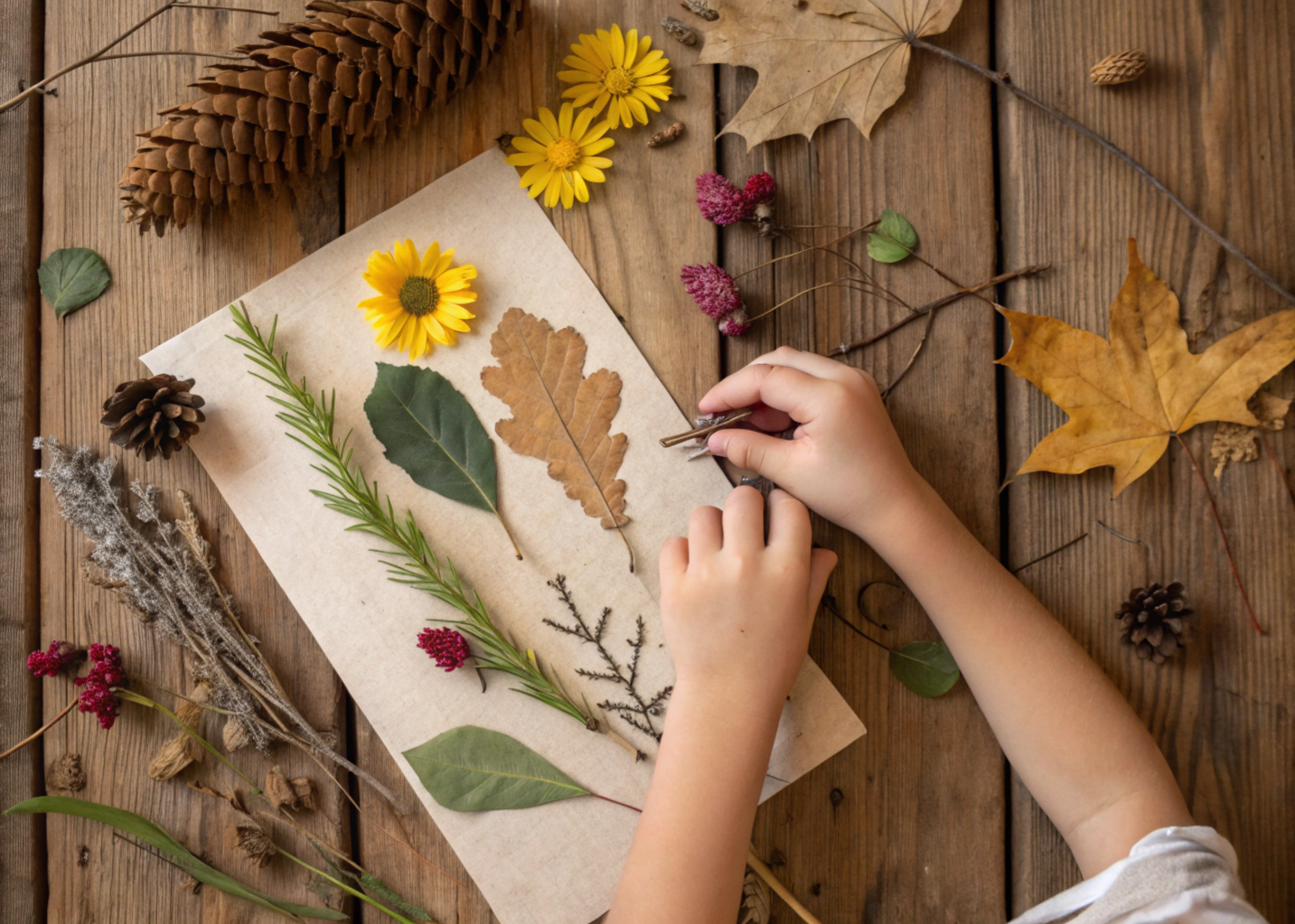 Artesanato infantil com materiais naturais: quadro de folhas e flores secas