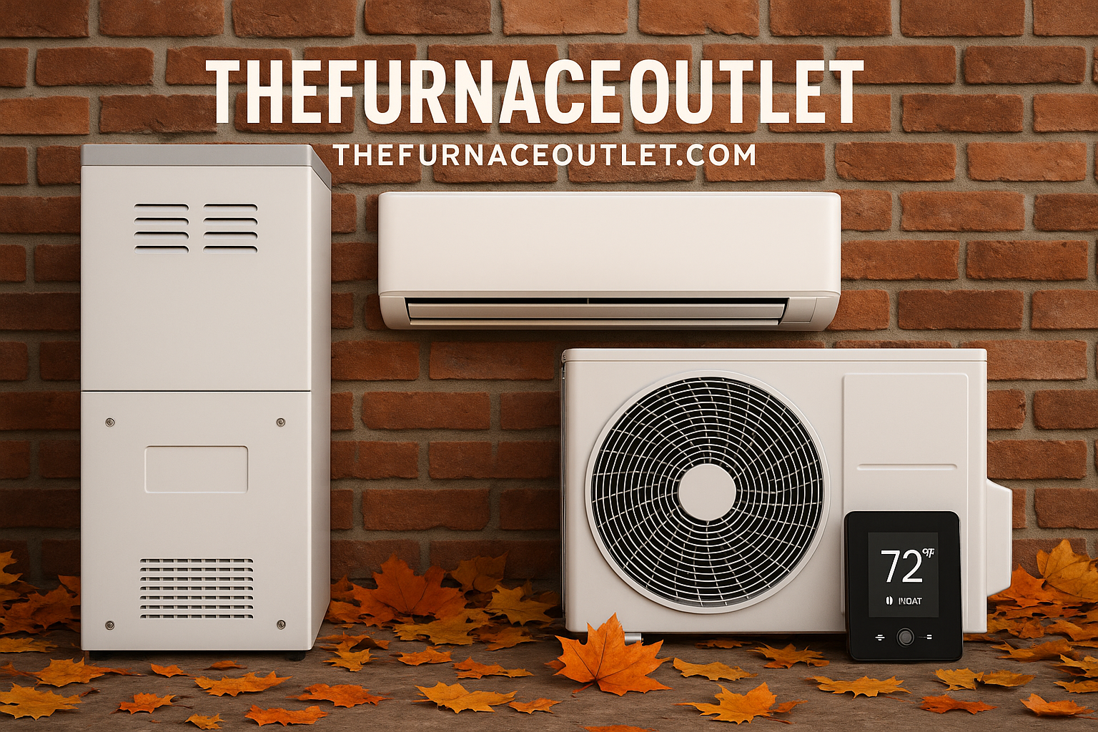 A photograph showcases a home heating and cooling setup in front of a red brick wall during fall. Visible products include a gas furnace, ductless mini-split unit, outdoor condenser, and a smart thermostat set to 72°F. Autumn leaves are scattered on the ground, and the image is branded with "The Furnace Outlet."