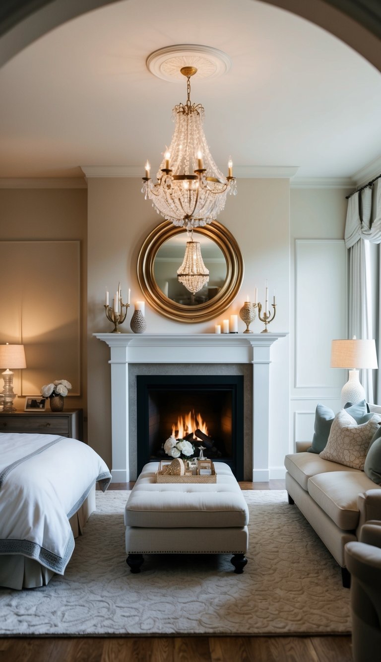 A cozy master bedroom with a grand fireplace as the focal point, surrounded by elegant decor and soft lighting