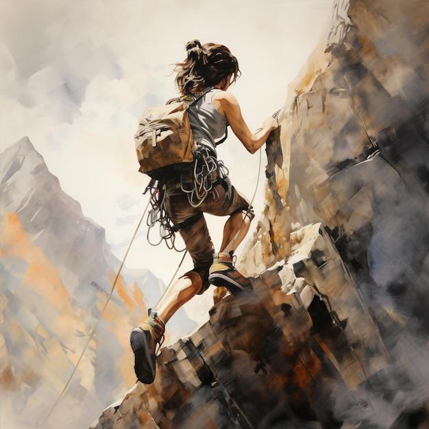 Painting of a woman climbing a mountain with a backpack generative ai |  Premium AI-generated image