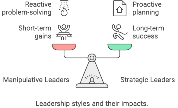 Eine Illustration zum Vergleich von manipulativen und strategischen Führungsstilen, dargestellt als Waage. Auf der einen Seite stehen kurzfristige Gewinne und reaktive Problemlösungen für manipulative Führungskräfte. Auf der anderen Seite stehen langfristiger Erfolg und proaktive Planung für strategische Führungskräfte. Der Titel darunter lautet "Führungsstile und ihre Auswirkungen".