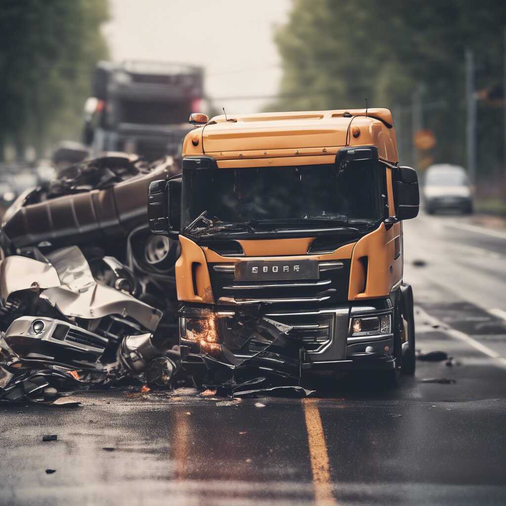 A truck accident collision scene with cars. 