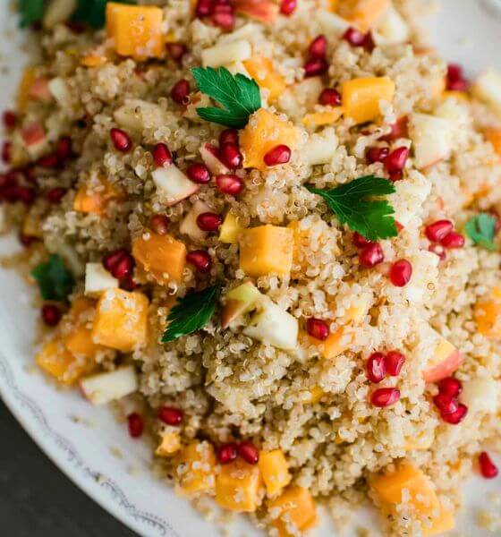 Butternut squash and quinoa on white flowered plate