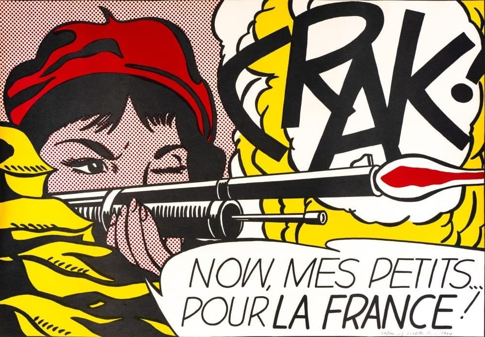 n his iconic art with guns, titles Crak!, Roy Lichtenstein depicts the the fictional WWII heroine, Mademoiselle Marie in comic book style, pointing a gun.