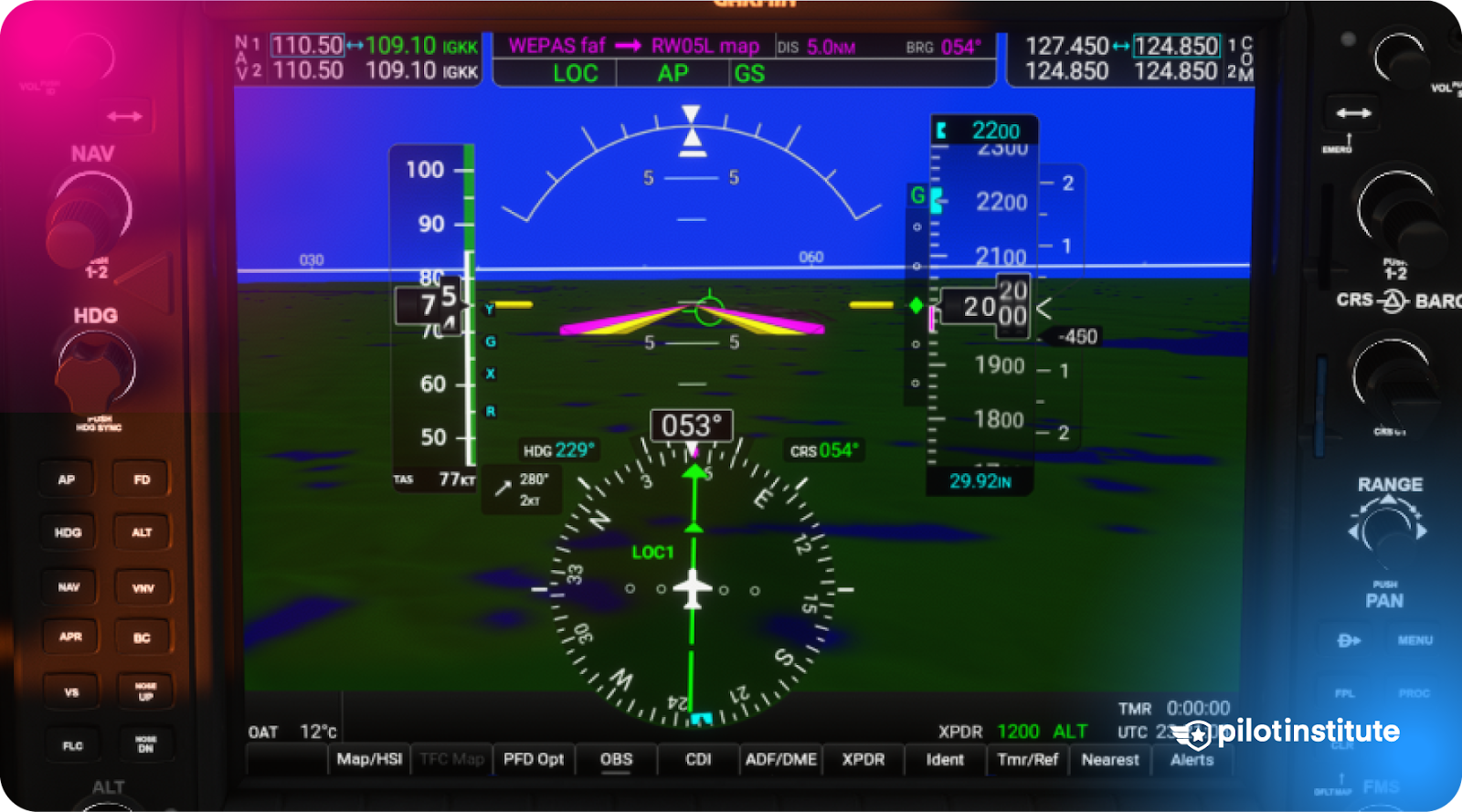 A close up image of the Garmin with an ILS approach loaded on it, on course and on glideslope.