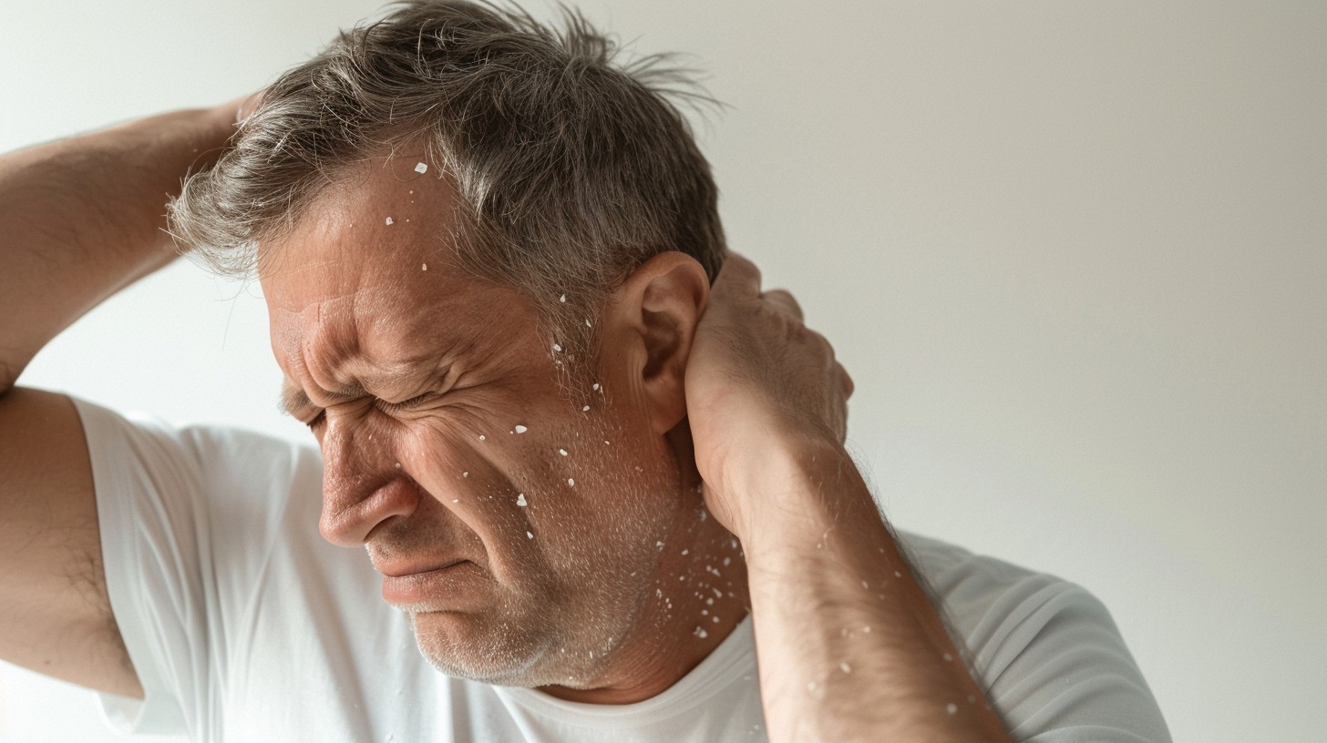 Dandruff issues, get rid of dandruff, man with dandruff, neckpain