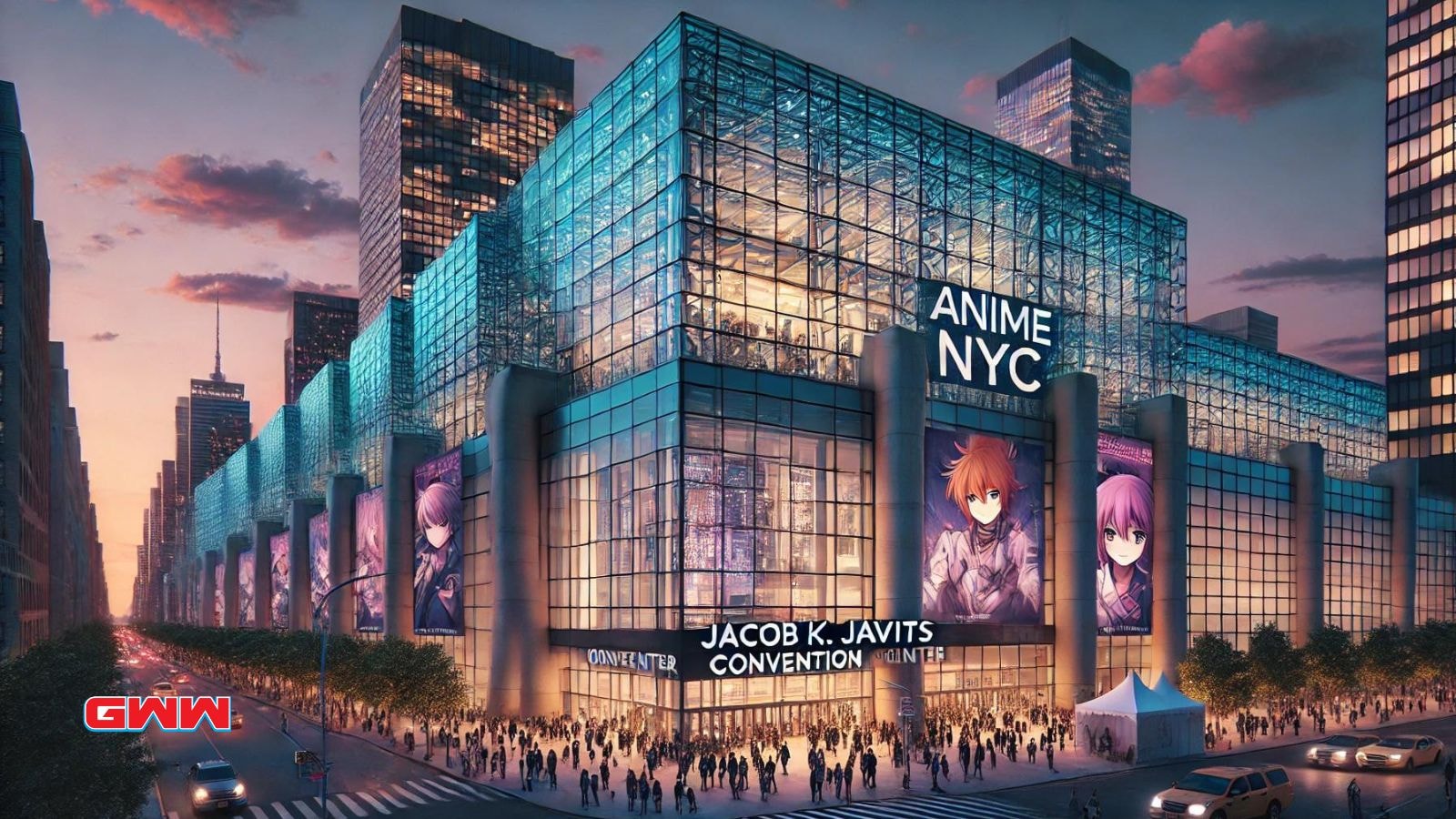 A dusk scene depicting the iconic Jacob K. Javits Convention Center in New York City, where Anime NYC takes place. 