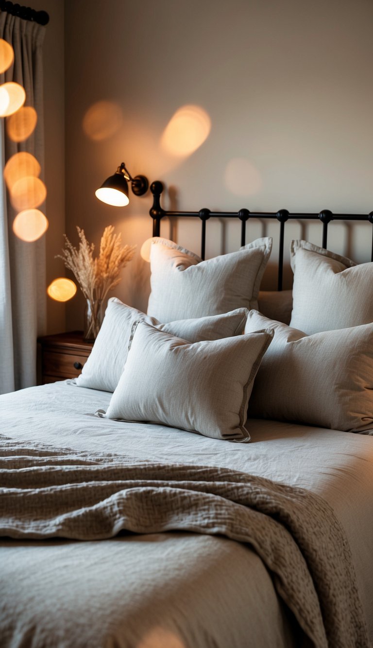 A cozy guest bedroom with French linen bedding set, soft pillows, and warm lighting