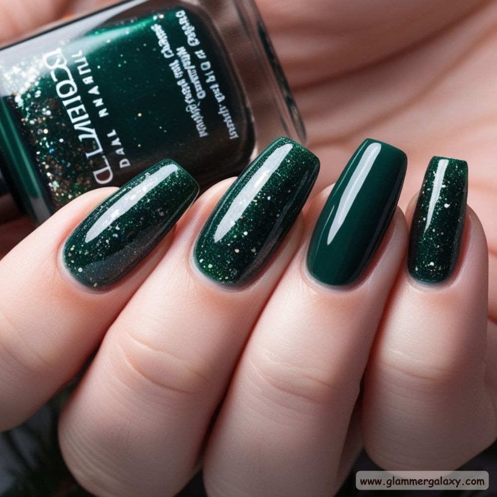 Winter and Fall Dark Green Nails having Festive Sparkle
