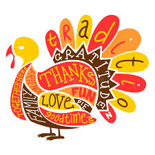 image of an illustrated turkey with feathers stating Tradition, gratitude, thanks, fun, love, pie, good times, family and togetherness