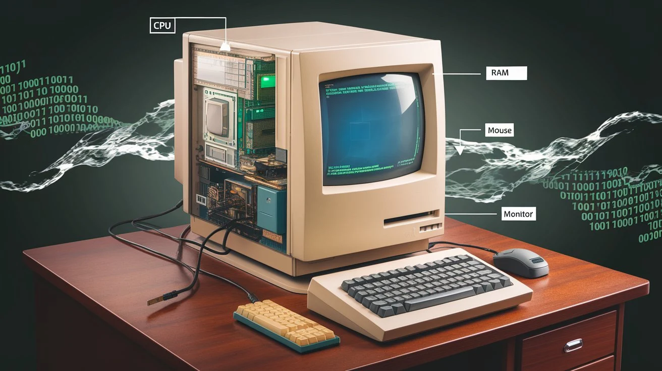 A vintage desktop computer with visible internal components and binary code, highlighting the fundamentals of classical computing.