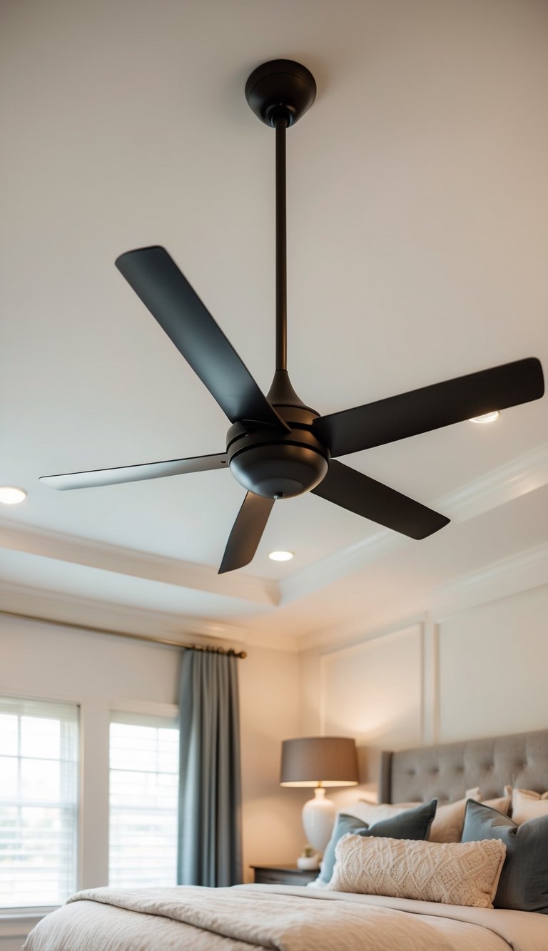 A sleek, modern ceiling fan hangs from a high ceiling in a cozy guest bedroom, surrounded by elegant decor and soft, inviting bedding