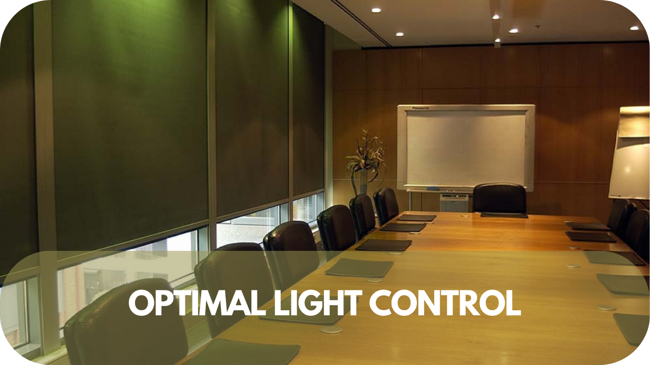 Office roller blinds adjusted to control natural light, creating a balanced and productive workspace atmosphere.