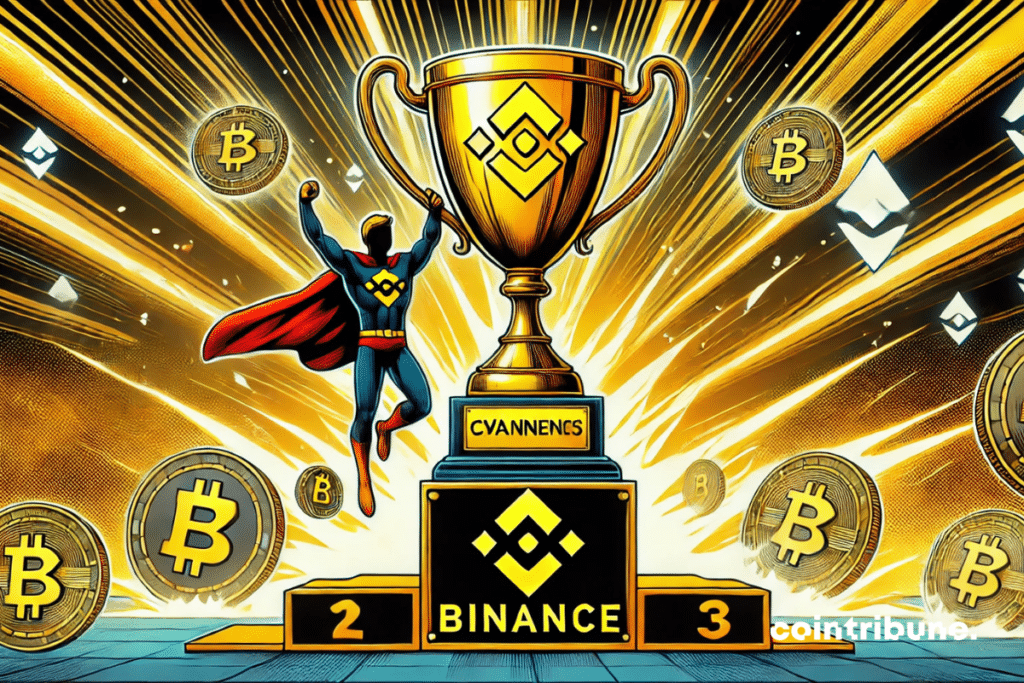 Un trophée géant avec le logo de Binance gravé dessus, entouré de pièces crypto.