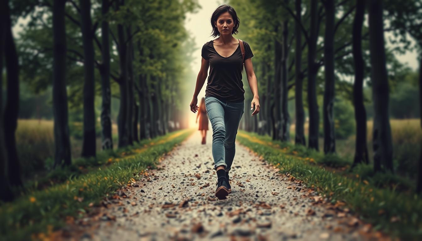 Show an image of a person walking on a path with one foot in front of the other, as if taking deliberate steps towards their goal. The path should be surrounded by tall trees to represent growth and progress. In the background, depict a faint image of the person's love interest, as if they are waiting for them at the end of the path. The person should have a confident yet focused expression on their face, symbolizing their determination to align their actions with their intention to manifest their love back into their life.