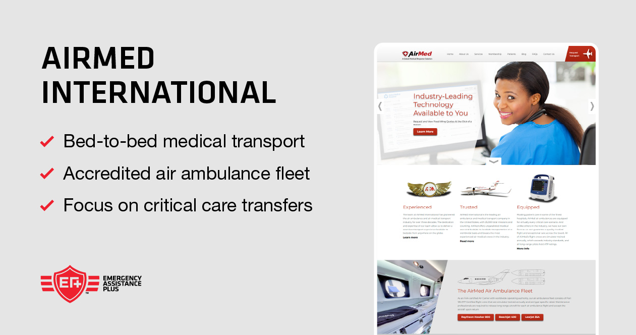 screenshot of airmed international website with bulleted list of company highlights.