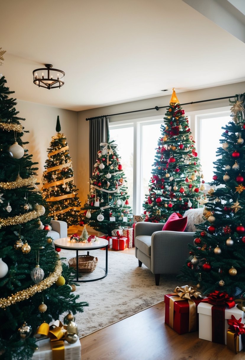 A cozy living room with a variety of decorated Christmas trees, each showcasing different themes and color schemes