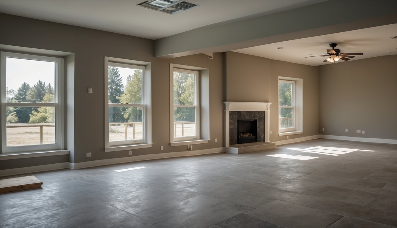 A room with concrete subfloor and LVT being glued down for dryback installation. Another room with LVT being clicked together for click installation